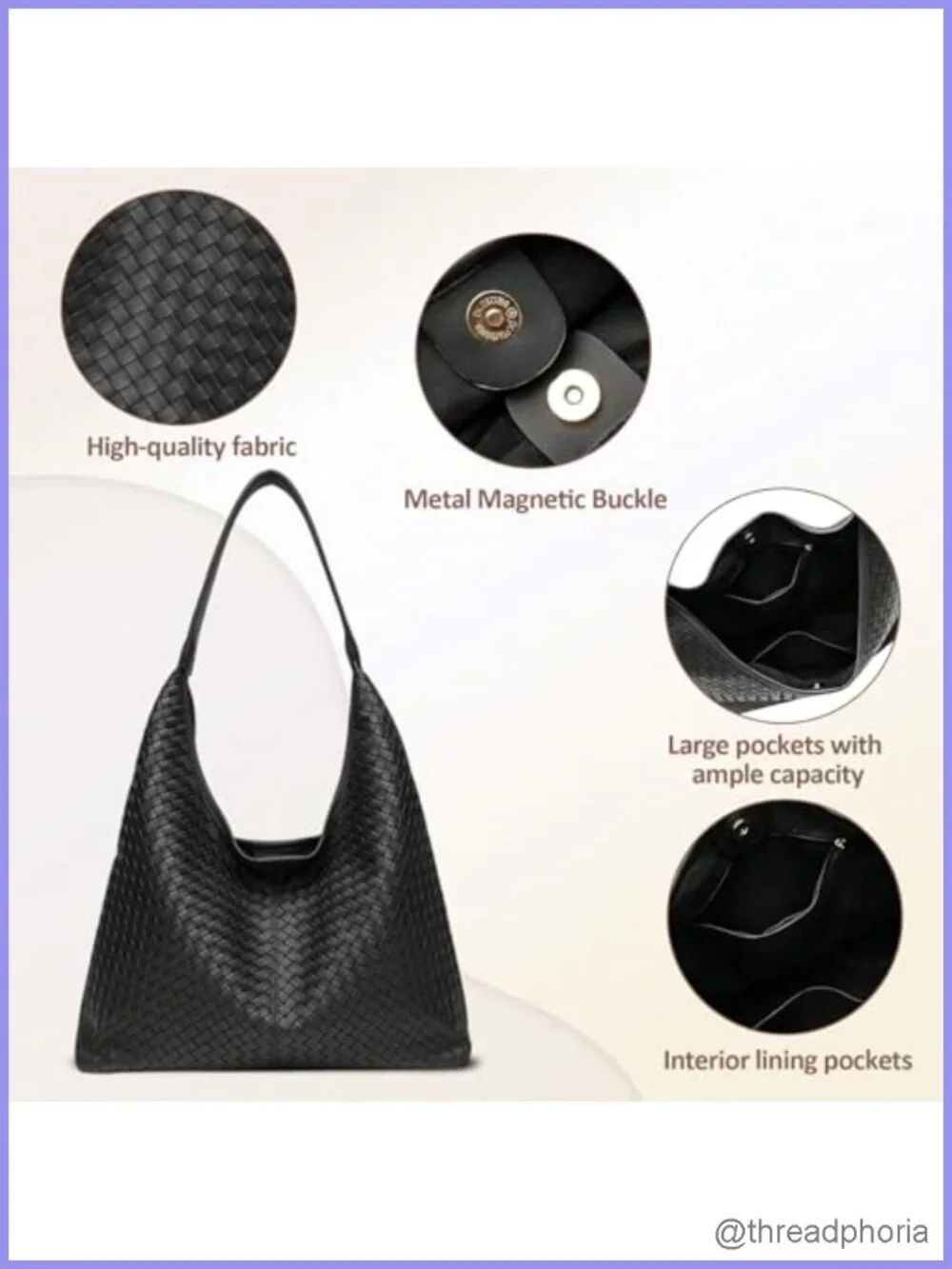Large Woven Textured Vegan Leather Hobo Tote Shoulder Bag for Women